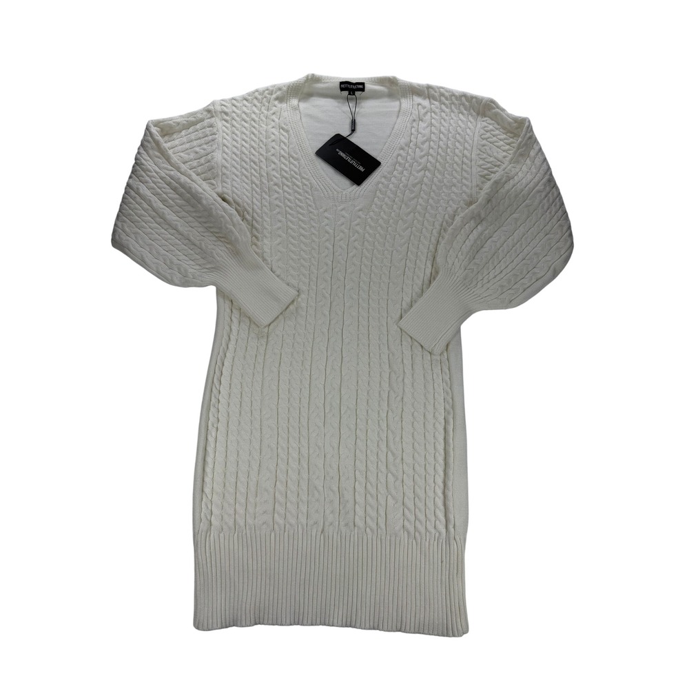 PrettyLittleThing Cream Cable Knit V Neck Jumper Dress L CMM5406 Balloon Sleeve